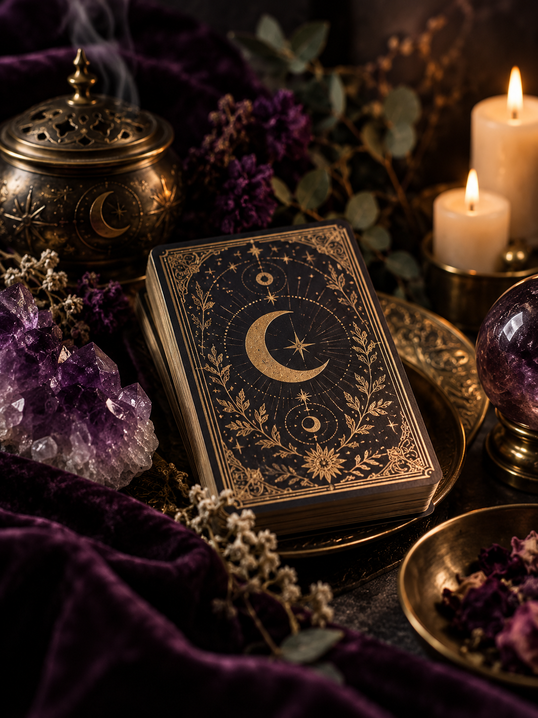 An illustrated tarot deck with brass and dark botanical details.