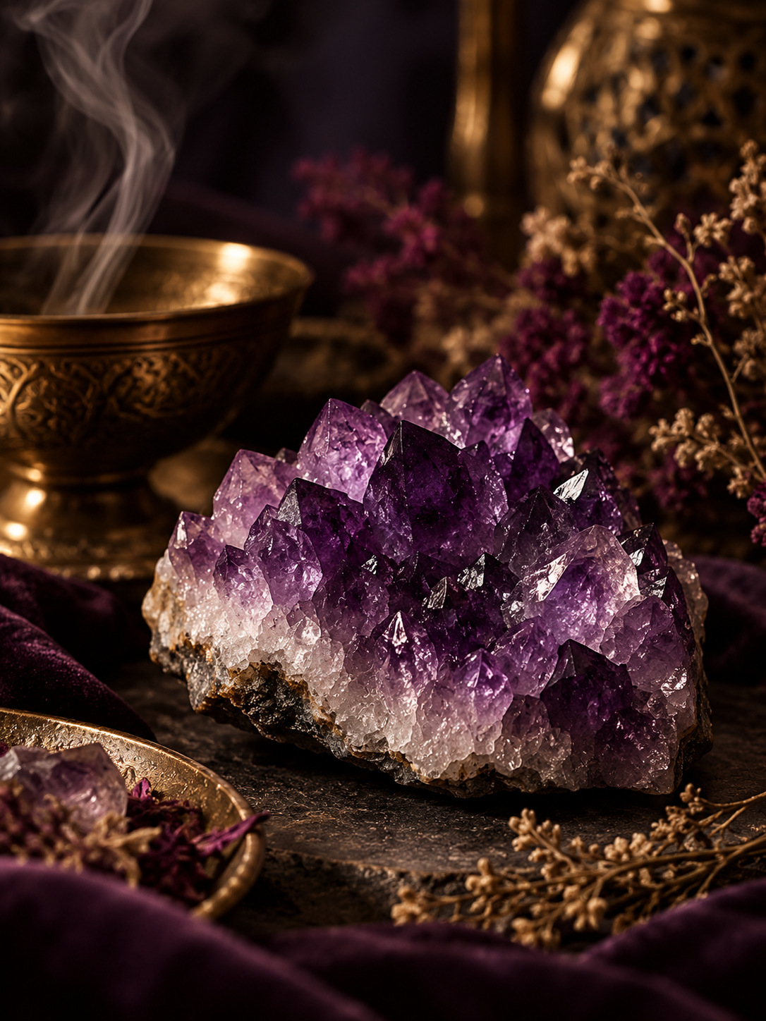 A purple amethyst cluster on a dark tabletop.