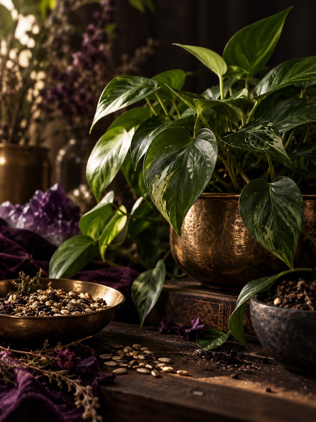 Glossy green leaves in a brass pot beside crystals and botanicals.