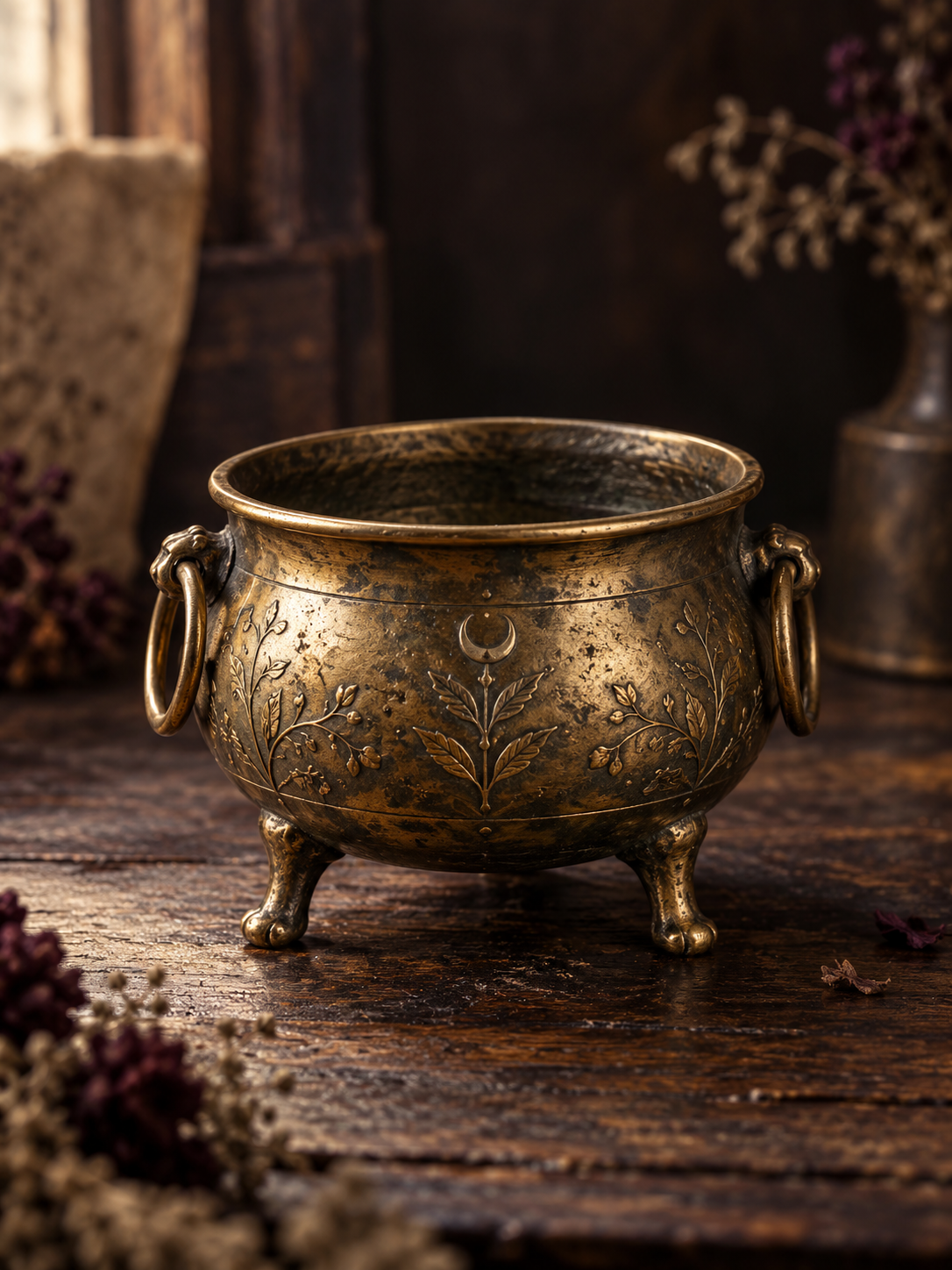 A weathered brass vessel with botanical engraving.