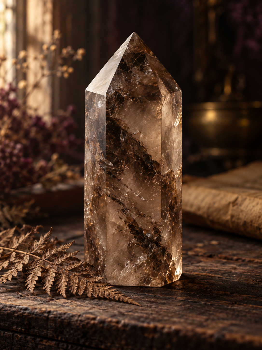 A polished smoky quartz point on aged wood.