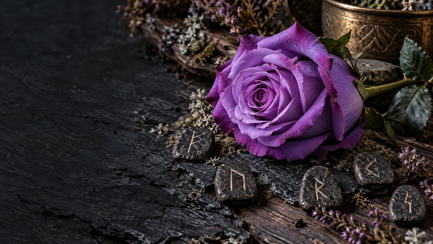A natural lilac-violet rose among hand-carved rune stones, slate, and weathered brass.