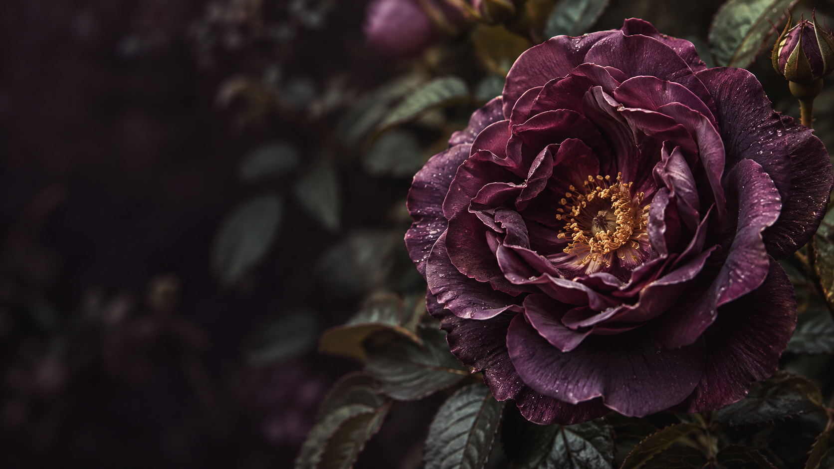 A deep plum rose, its petals unfolding into richly layered shadows.
